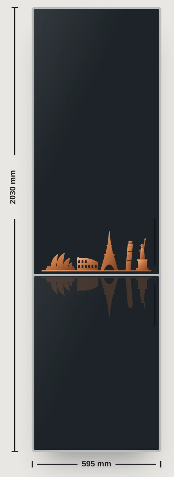 The refrigerator with the copper skyline of five landmarks and its reflection, with dimensions