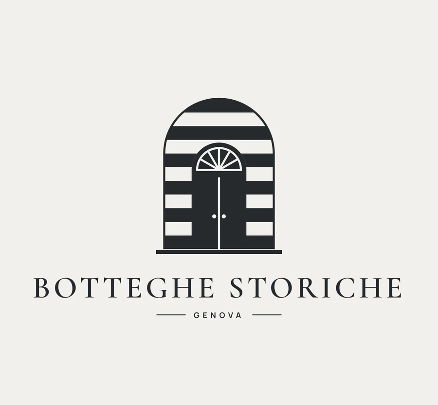 The logo: an arched doorway with alternating bands and a fanlight, above the name “Botteghe Storiche, Genova”