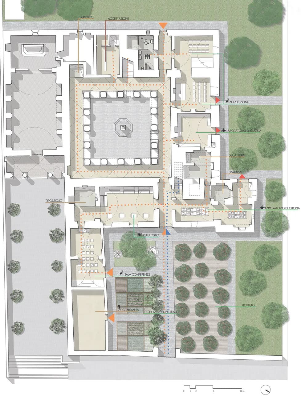 Colour plan of the reuse project for the convent of S. Antonio da Padova, Seclì